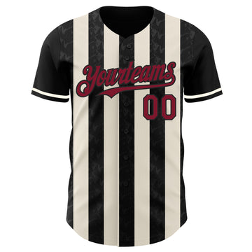 Custom Black Crimson-Cream Classic Vertical Stripe Fluid Liquid Texture Authentic Baseball Jersey