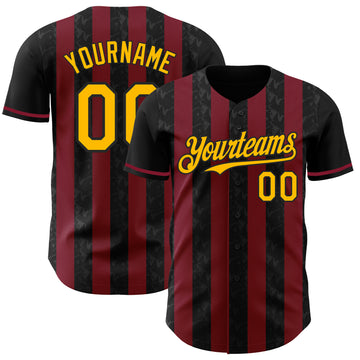Custom Black Gold-Crimson Classic Vertical Stripe Fluid Liquid Texture Authentic Baseball Jersey