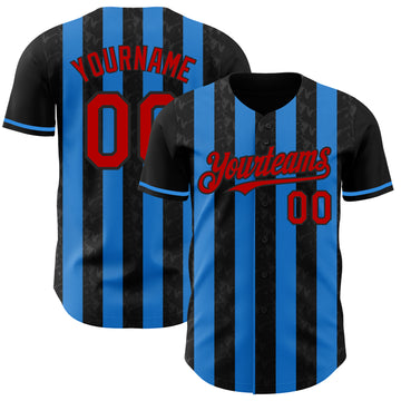 Custom Black Red-Electric Blue Classic Vertical Stripe Fluid Liquid Texture Authentic Baseball Jersey