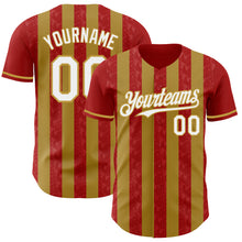 Load image into Gallery viewer, Custom Red White-Old Gold Classic Vertical Stripe Fluid Liquid Texture Authentic Baseball Jersey
