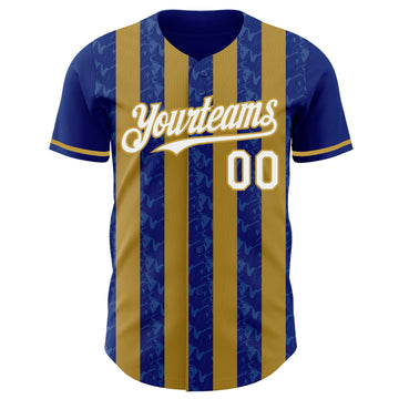 Custom Royal White-Old Gold Classic Vertical Stripe Fluid Liquid Texture Authentic Baseball Jersey
