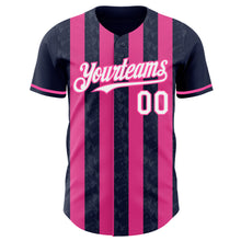 Charger l'image dans la galerie, Custom Navy White-Pink Classic Vertical Stripe Fluid Liquid Texture Authentic Baseball Jersey
