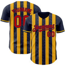 Charger l'image dans la galerie, Custom Navy Red-Gold Classic Vertical Stripe Fluid Liquid Texture Authentic Baseball Jersey
