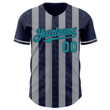 Load image into Gallery viewer, Custom Navy Teal-Gray Classic Vertical Stripe Fluid Liquid Texture Authentic Baseball Jersey

