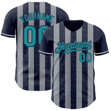 Load image into Gallery viewer, Custom Navy Teal-Gray Classic Vertical Stripe Fluid Liquid Texture Authentic Baseball Jersey
