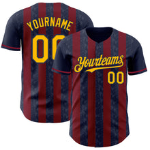 Laden Sie das Bild in den Galerie-Viewer, Custom Navy Gold-Crimson Classic Vertical Stripe Fluid Liquid Texture Authentic Baseball Jersey
