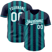Load image into Gallery viewer, Custom Navy White-Teal Classic Vertical Stripe Fluid Liquid Texture Authentic Baseball Jersey
