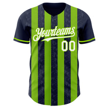 Laden Sie das Bild in den Galerie-Viewer, Custom Navy White-Neon Green Classic Vertical Stripe Fluid Liquid Texture Authentic Baseball Jersey
