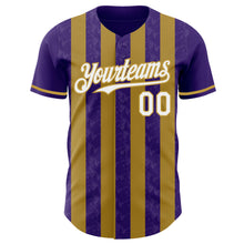 Load image into Gallery viewer, Custom Purple White-Old Gold Classic Vertical Stripe Fluid Liquid Texture Authentic Baseball Jersey
