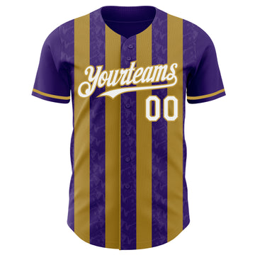 Custom Purple White-Old Gold Classic Vertical Stripe Fluid Liquid Texture Authentic Baseball Jersey