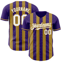 Load image into Gallery viewer, Custom Purple White-Old Gold Classic Vertical Stripe Fluid Liquid Texture Authentic Baseball Jersey
