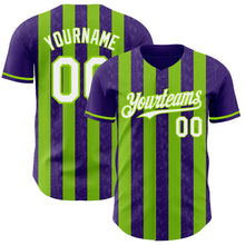 Laden Sie das Bild in den Galerie-Viewer, Custom Purple White-Neon Green Classic Vertical Stripe Fluid Liquid Texture Authentic Baseball Jersey
