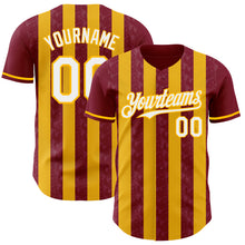 Load image into Gallery viewer, Custom Crimson White-Gold Classic Vertical Stripe Fluid Liquid Texture Authentic Baseball Jersey
