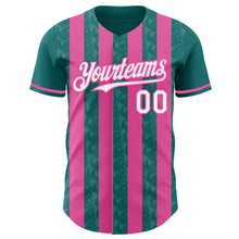 Laden Sie das Bild in den Galerie-Viewer, Custom Teal White-Pink Classic Vertical Stripe Fluid Liquid Texture Authentic Baseball Jersey
