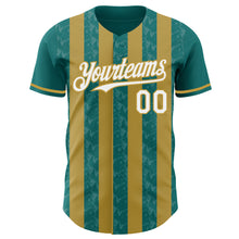 Load image into Gallery viewer, Custom Teal White-Old Gold Classic Vertical Stripe Fluid Liquid Texture Authentic Baseball Jersey
