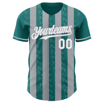 Custom Teal White-Gray Classic Vertical Stripe Fluid Liquid Texture Authentic Baseball Jersey