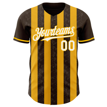 Custom Brown White-Gold Classic Vertical Stripe Fluid Liquid Texture Authentic Baseball Jersey