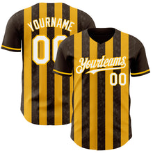 Load image into Gallery viewer, Custom Brown White-Gold Classic Vertical Stripe Fluid Liquid Texture Authentic Baseball Jersey
