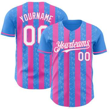 Custom Electric Blue White-Pink Classic Vertical Stripe Fluid Liquid Texture Authentic Baseball Jersey