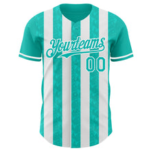 Load image into Gallery viewer, Custom Aqua-White Classic Vertical Stripe Fluid Liquid Texture Authentic Baseball Jersey

