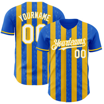 Custom Thunder Blue White-Yellow Classic Vertical Stripe Fluid Liquid Texture Authentic Baseball Jersey