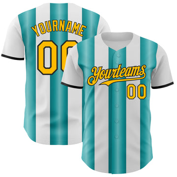 Custom White Gold Teal-Black Gradient Vertical Stripe Argentina Style Authentic Baseball Jersey