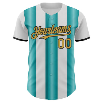 Custom White Old Gold Teal-Black Gradient Vertical Stripe Argentina Style Authentic Baseball Jersey