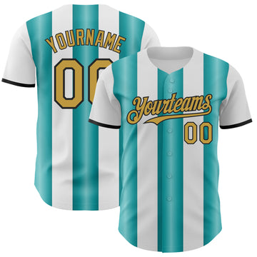 Custom White Old Gold Teal-Black Gradient Vertical Stripe Argentina Style Authentic Baseball Jersey