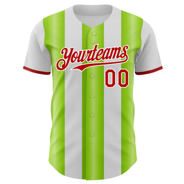 Custom White Red-Neon Green Gradient Vertical Stripe Argentina Style Authentic Baseball Jersey