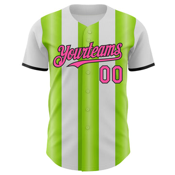 Custom White Pink Neon Green-Black Gradient Vertical Stripe Argentina Style Authentic Baseball Jersey