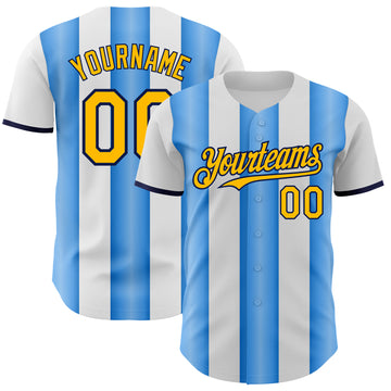 Custom White Gold Electric Blue-Navy Gradient Vertical Stripe Argentina Style Authentic Baseball Jersey