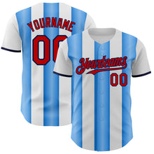 Load image into Gallery viewer, Custom White Red Electric Blue-Navy Gradient Vertical Stripe Argentina Style Authentic Baseball Jersey
