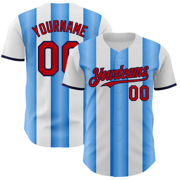 Custom White Red Electric Blue-Navy Gradient Vertical Stripe Argentina Style Authentic Baseball Jersey