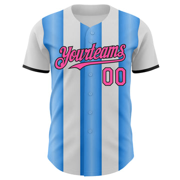 Custom White Pink Electric Blue-Black Gradient Vertical Stripe Argentina Style Authentic Baseball Jersey