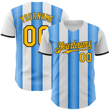 Custom White Gold Electric Blue-Black Gradient Vertical Stripe Argentina Style Authentic Baseball Jersey