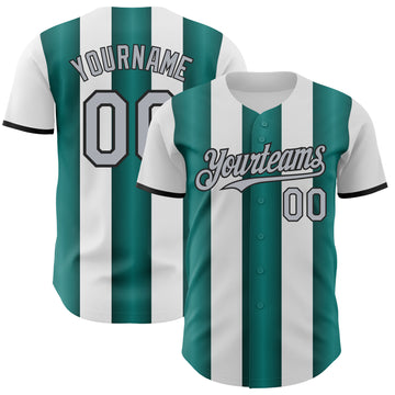 Custom White Gray Midnight Green-Black Gradient Vertical Stripe Argentina Style Authentic Baseball Jersey