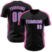 Laden Sie das Bild in den Galerie-Viewer, Custom Black Light Blue-Pink Classic Color Block Side Panel Stripe Authentic Baseball Jersey
