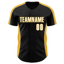 Загрузить изображение в средство просмотра галереи, Custom Black White-Gold Classic Color Block Side Panel Stripe Authentic Baseball Jersey
