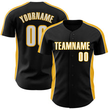 Загрузить изображение в средство просмотра галереи, Custom Black White-Gold Classic Color Block Side Panel Stripe Authentic Baseball Jersey
