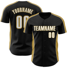Загрузить изображение в средство просмотра галереи, Custom Black White-Old Gold Classic Color Block Side Panel Stripe Authentic Baseball Jersey
