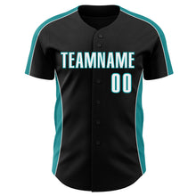 Laden Sie das Bild in den Galerie-Viewer, Custom Black White-Teal Classic Color Block Side Panel Stripe Authentic Baseball Jersey
