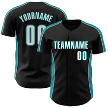 Laden Sie das Bild in den Galerie-Viewer, Custom Black White-Teal Classic Color Block Side Panel Stripe Authentic Baseball Jersey
