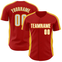 Laden Sie das Bild in den Galerie-Viewer, Custom Red White-Gold Classic Color Block Side Panel Stripe Authentic Baseball Jersey
