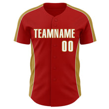 Laden Sie das Bild in den Galerie-Viewer, Custom Red White-Old Gold Classic Color Block Side Panel Stripe Authentic Baseball Jersey
