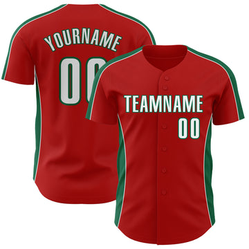 Custom Red White-Kelly Green Classic Color Block Side Panel Stripe Authentic Baseball Jersey
