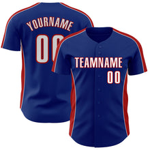 Load image into Gallery viewer, Custom Royal White-Red Classic Color Block Side Panel Stripe Authentic Baseball Jersey
