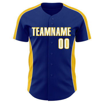 Custom Royal White-Yellow Classic Color Block Side Panel Stripe Authentic Baseball Jersey