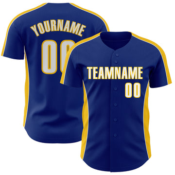 Custom Royal White-Yellow Classic Color Block Side Panel Stripe Authentic Baseball Jersey