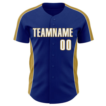 Custom Royal White-Old Gold Classic Color Block Side Panel Stripe Authentic Baseball Jersey