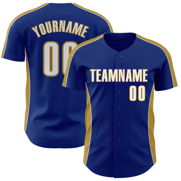 Custom Royal White-Old Gold Classic Color Block Side Panel Stripe Authentic Baseball Jersey